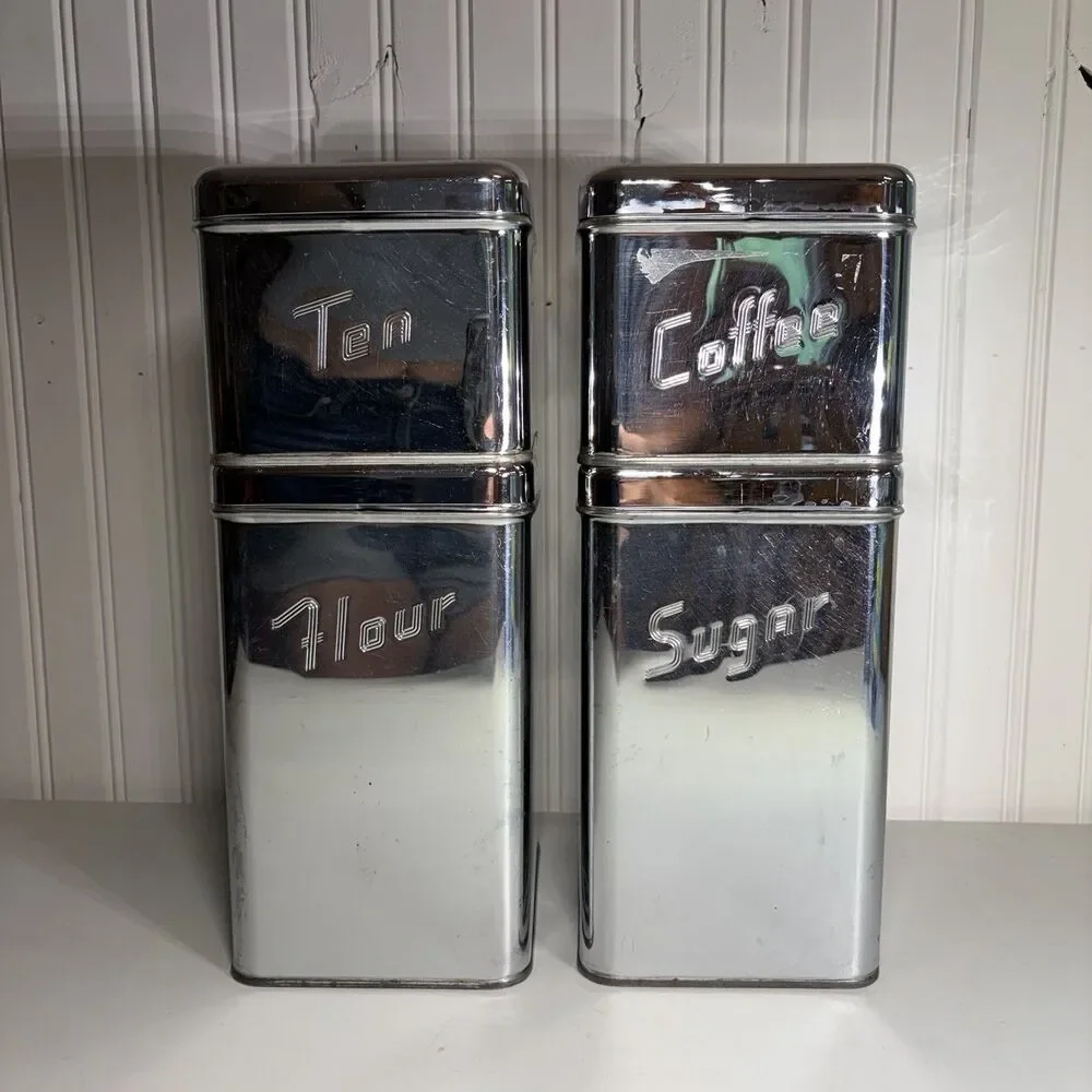 Vintage MCM Metal Chrome Canister Set - 4 Pcs with Lids - Masterware Canette